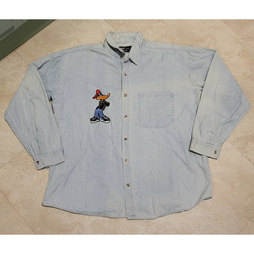 VTG‎ 90s Top Line USA Looney Tunes Daffy Duck Embroidered Denim Shirt Mens XL